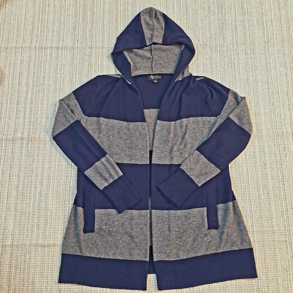 AQUA Cashmere Striped Open Front Hooded Cardigan Gray Navy Women's L